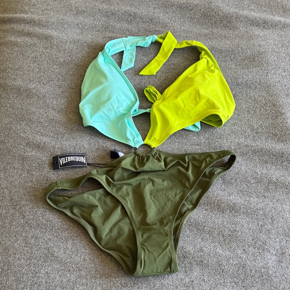 Vilebrequin Aqua and Lime Bikini with attached green Bottoms, NWT, size M